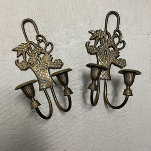 VTG Floral Basket Double Candle Holder Victorian Sconce Set 2